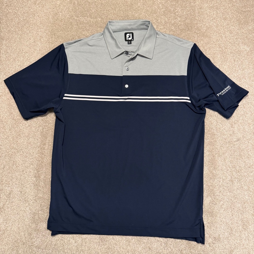 FootJoy Polo Shirt Mens XL Navy Grey Firestone Country Club Colorblock Golf